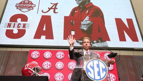 Alabama head coach Nick Saban holds his SEC Media Days press conference at the College Football Hall of Fame on Wednesday, July 18, 2018, in Atlanta.     Curtis Compton/ccompton@ajc.com