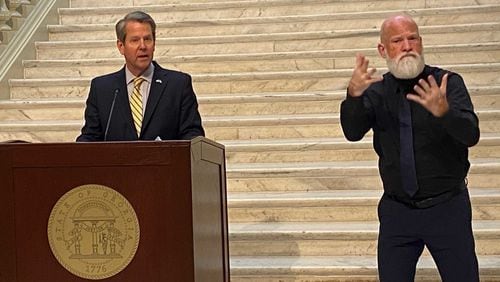 Georgia Gov. Brian Kemp, left, announces on Wednesday, March 10, 2021 the state will soon expand eligibility for the COVID-19 vaccine to people 55 and older and others with various medical conditions. ERIC STIRGUS/ESTIRGUS@AJC.COM.