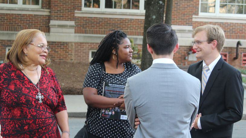 Brian Cochran (right) and other members of the Tech Students for Life executive committee talk with Alveda King, far left, before her speech at Georgia Tech a year ago.