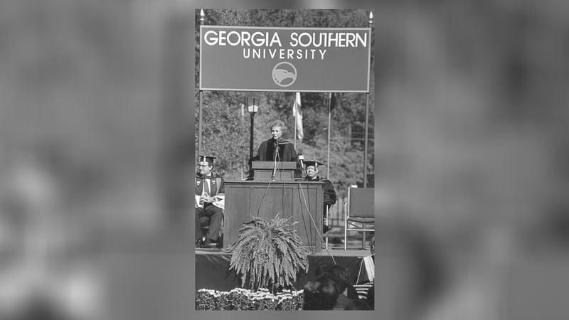 U.S. Supreme Court Justice Sandra Day O’Connor spoke at Georgia Southern University in 1990 at the invitation of President Nicholas “Nick” Henry. (Courtesy Georgia Southern University)