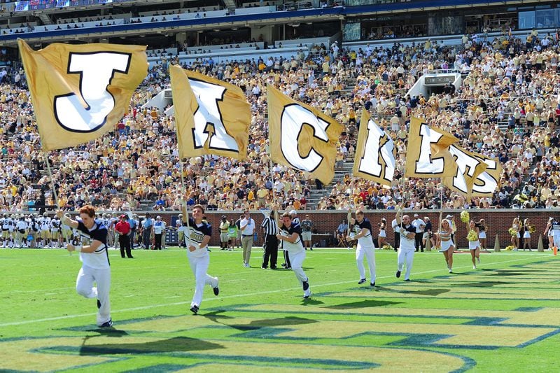 Members of the Georgia Tech Yellow Jackets Cheerleaders perform during the game against Jacksonville State Gamecocks on September 9, 2017 in Atlanta, Georgia. Photo by Scott Cunningham/Getty Images)