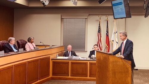 Lawrenceville City Manager Chuck Warbington presents to the city council on the construction for Phase 2 of the College Corridor. (Courtesy City of Lawrenceville)