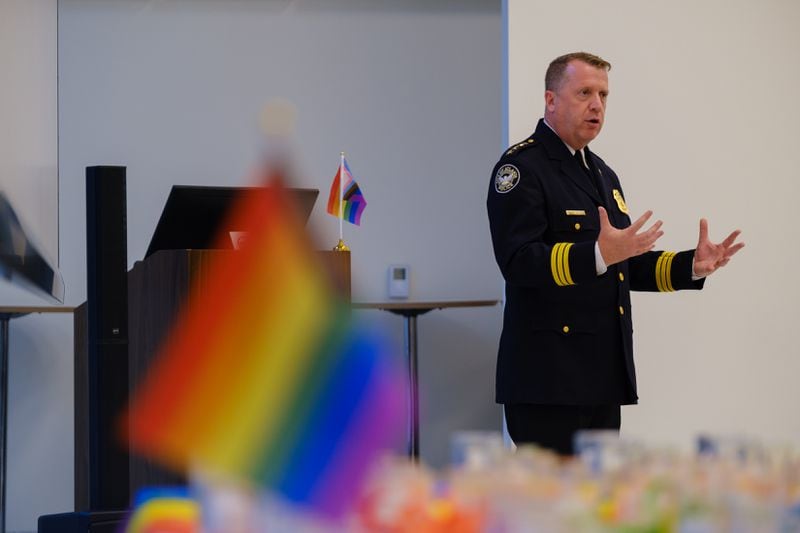 Atlanta Police Department Interim Chief Darin Schierbaum, who is gay, speaks at a vigil for LGBTQ+ victims of crime at Atlanta’s Central Library on Tuesday, June 28, 2022. The vigil was organized by the DA’s office and its LGBTQ+ advisory committee. (Arvin Temkar / arvin.temkar@ajc.com)