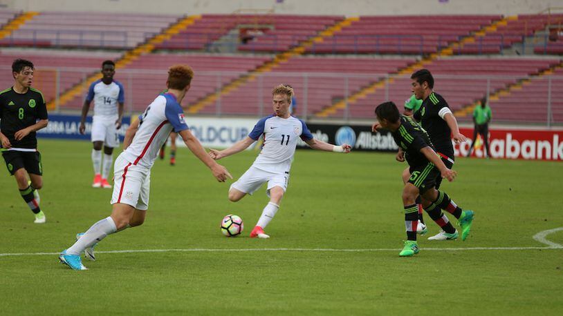 Andrew Carleton shoots in the U.S. 5-4 loss on penalty kicks to Mexico in the CONCACAF tournament in Panama City, Panama. (U.S. Soccer)