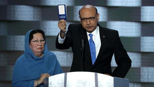 Khizr and Ghazala Khan — whose son Humayun Khan was an Army captain killed in Iraq in 2004 — at the Democratic National Convention in Philadelphia. Khizr spoke on the convention’s last night, July 28, 2016. (Photo by Alex Wong/Getty Images)