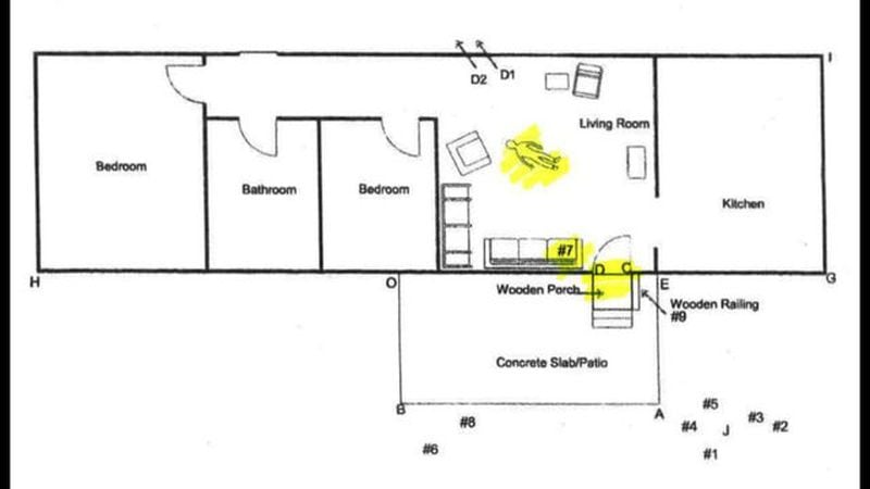 A diagram by Mississippi state investigators shows the crime scene in Ismael Lopez’s home following a July 2017 police shooting. Lopez, 41, of Southaven, Miss., was killed when officers went to his home by mistake.