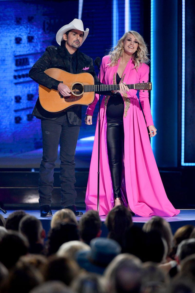 Brad Paisley and Carrie Underwood onstage during the 52nd annual CMA Awards at the Bridgestone Arena on Nov. 14, 2018 in Nashville, Tennessee.  (Photo by Michael Loccisano/Getty Images)