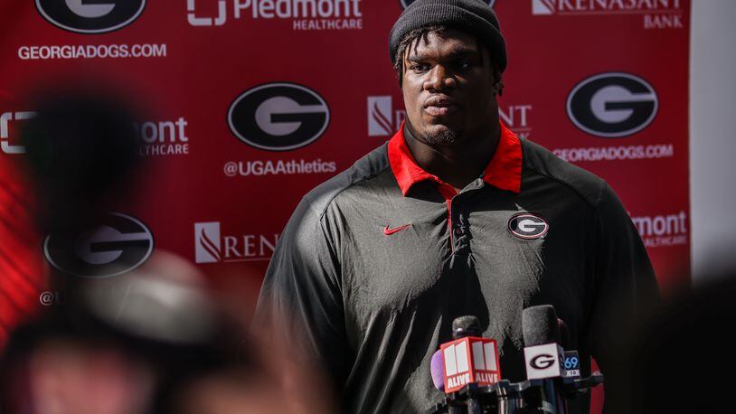 Georgia defensive lineman Jordan Davis speaks to reporters during a press conference at the Butts-Mehre Heritage Hall in Athens, Ga., on Monday, Nov. 15, 2021. (Photo by Mackenzie Miles/UGA Atheltics)