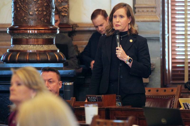 Kansas Senate Minority Leader Dinah Sykes, D-Lenexa, speaks against overriding Democratic Gov. Laura Kelly's veto of a proposed ban on gender-affirming care for minors. Sykes argues that the ban would deny transgender children crucial care that helps lessen severe depression and suicidal tendencies. (AP Photo/John Hanna)