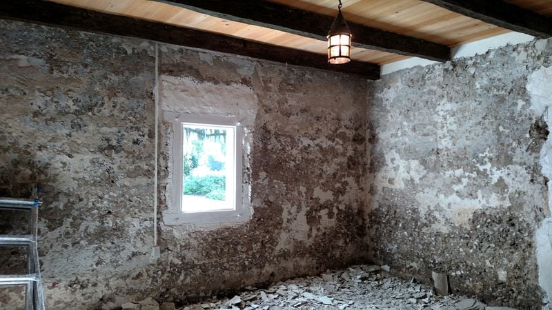 St. Simons Island tabby cabins: This "after" photo shows the interior walls after the stucco was removed. When the restoration is complete, the public will see the walls and tabby flooring, as well as a more historically accurate recreation of the roof. (Courtesy of the Cassina Garden Club)