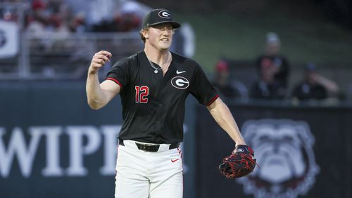 Georgia pitcher Leighton Finley (12) reacts after a teammate makes an out to end the top of the sixth inning against Vanderbilt at Foley Field, Friday, May 3, 2024, in Athens, Ga. No. 19-ranked Georgia defeated No. 13 Vanderbilt 10-0 and Finley was named SEC Pitcher of the Week. (Jason Getz / AJC)
