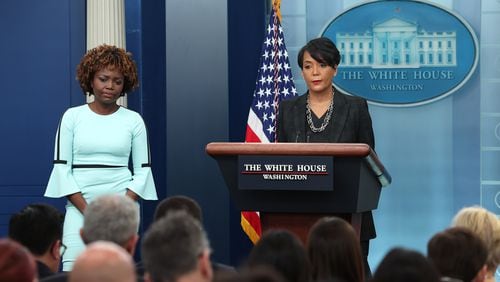 In this photo from Jan. 13, 2023, then-White House Public Engagement Advisor Keisha Lance Bottoms (R) and Press Secretary Karine Jean-Pierre hold a press briefing at the White House in Washington, DC. (Kevin Dietsch/Getty Images/TNS)