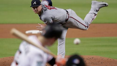 Atlanta Braves starting pitcher Sean Newcomb delivers during the first inning of the team's baseball game against the Miami Marlins, Thursday, Aug. 23, 2018, in Miami. (AP Photo/Lynne Sladky)