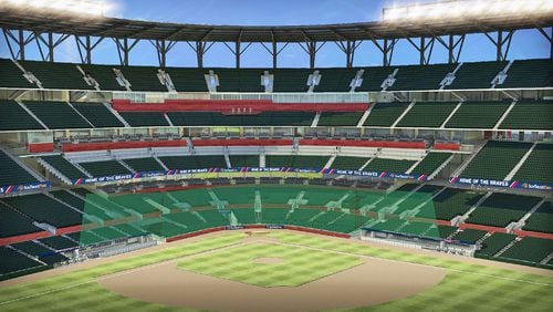 This rendering shows the seats that will be protected by netting at SunTrust Park. The netting won’t actually be green, which is for illustrative purposes in the rendering. (Atlanta Braves)
