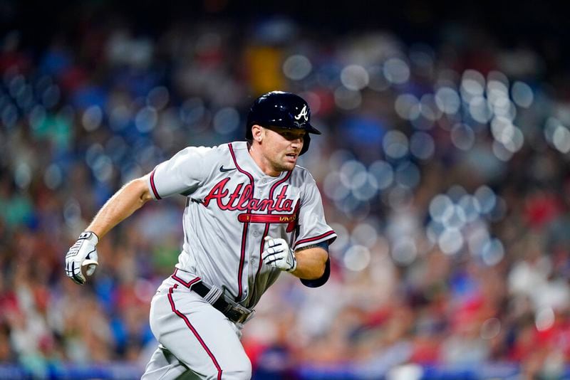 Atlanta Braves' Phil Gosselin runs hard on the bases Wednesday, June 29, 2022, in Philadelphia. (AP Photo/Matt Slocum)