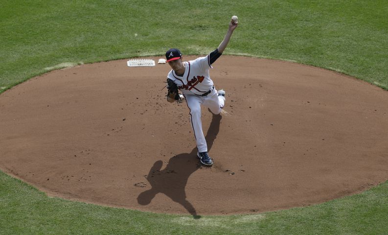Atlanta Braves starting pitcher Max Fried delivers during the first inning of game one of the baseball playoff series between the Braves and the Phillies at Truist Park in Atlanta on Tuesday, October 11, 2022. (Jason Getz / Jason.Getz@ajc.com)