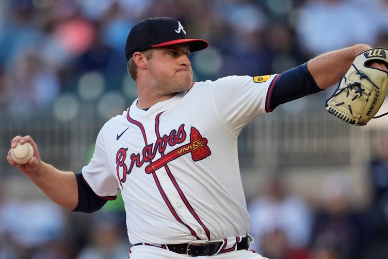 Atlanta Braves starting pitch Bryce Elder works against the Miami Marlins in the first inning of a baseball game Monday, April 22, 2024, in Atlanta. (AP Photo/John Bazemore)