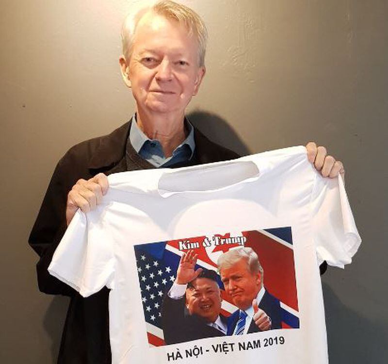 Chuck Searcy with a souvenir T-shirt from the Trump-Kim summit in Hanoi