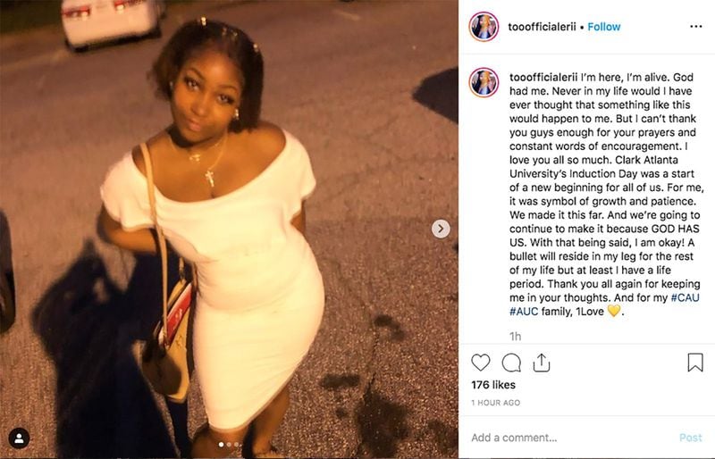 Erin Ennis posted on her Instagram account her thankfulness of being alive after being shot when gunfire erupted at a block party near the Atlanta University Center on Tuesday, Aug. 20, 2019.