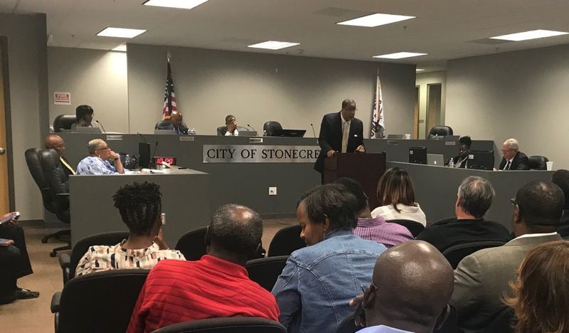 Stonecrest Mayor Jason Lary announces during a Sept. 17, 2018, City Council meeting that he will take medical leave to focus on receiving treatment for cancer. TIA MITCHELL/TIA.MITCHELL@AJC.COM