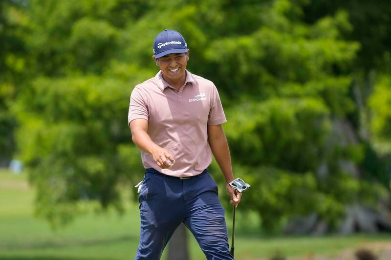 Kurt Kitayama reacts on the this green during the first round of the PGA Zurich Classic golf tournament at TPC Louisiana in Avondale, La., Thursday, April 25, 2024. (AP Photo/Gerald Herbert)