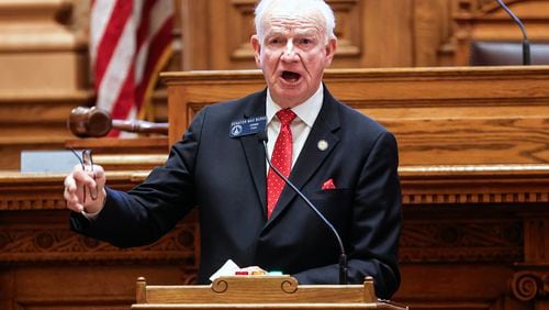 Sen. Max Burns,R-Sylvania, speaks at the Georgia Capitol on Tuesday. Burns sponsored legislation to  take QR codes off ballots, and the Senate approved it on a party-line vote with Republicans in favor. (Natrice Miller/ Natrice.miller27@gmail.com)