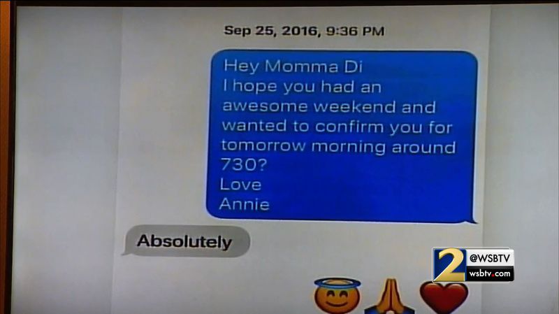 The last text message between Diane McIver and Annie Anderson is shown to the court as part of Anderson's testimony during the Tex McIver murder trial on April 12, 2018 at the Fulton County Courthouse. (Channel 2 Action News)