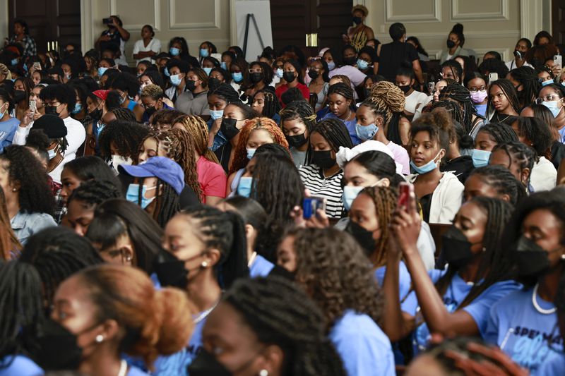 Spelman College students and faculty gather at Sisters Chapel for a conversation about social justice with singers Alicia Keys and Brandi Carlile on Friday, September 23, 2022. (Natrice Miller/natrice.miller@ajc.com)