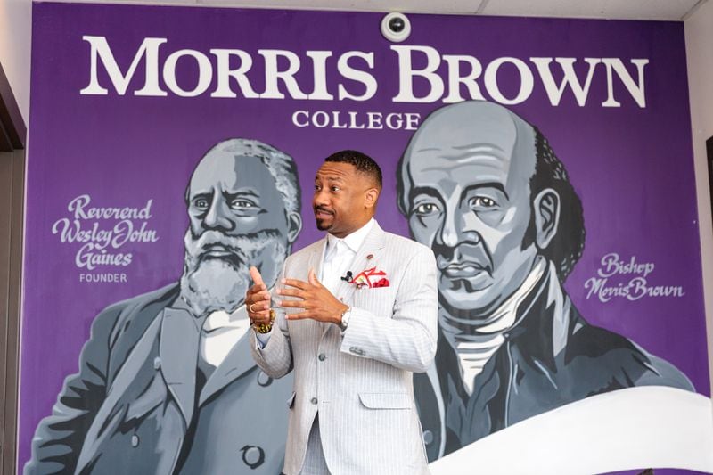 Morris Brown President Kevin James gives an interview on Monday, August 15, 2022. (Arvin Temkar / arvin.temkar@ajc.com)