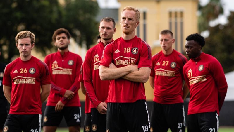 Atlanta United defender Jeff Larentowicz (18) listens while receiving instructions as the team began training for the MLS is Back Tournament Sunday, July 5, 2020, at ESPN Wide World of Sports Complex in Lake Buena Vista, Fla. Atlanta United's season restarts July 11.