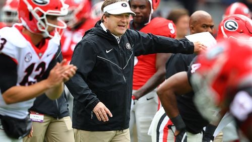 Georgia head coach Kirby Smart keeps his team on the move during the annual G-Day football game Saturday, April 20, 2019, at Sanford Stadium in Athens.