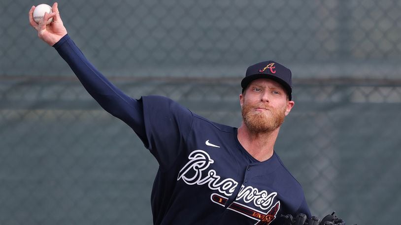 Braves starter Mike Foltynewicz delivers a pitch during the first workout of spring Thursday, Feb. 13, 2020, at CoolToday Park in North Port, Fla.