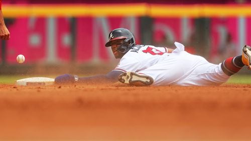 Atlanta Braves base runner Ronald Acuna steals second base against the Washington Nationals during the sixth inning of a MLB baseball game on Thursday, Jun 3, 2021, in Atlanta.   “Curtis Compton / Curtis.Compton@ajc.com”