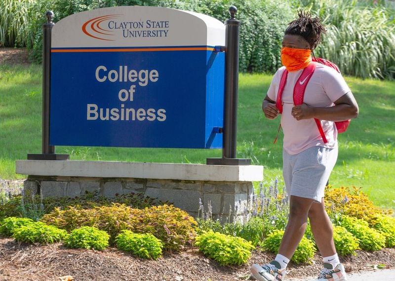 Jadarius Houston walks to class on the first day students returned to school at Clayton State University on Mondy August 10, 2020. STEVE SCHAEFER FOR THE ATLANTA JOURNAL-CONSTITUTION