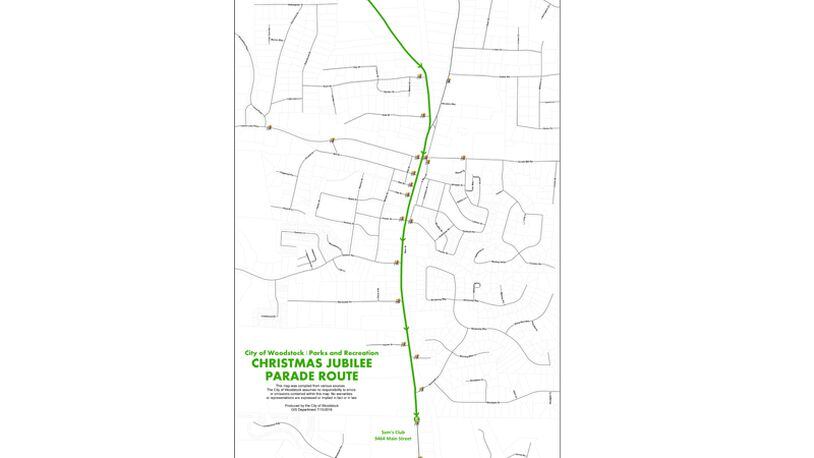 Map depicts the parade route and road closures for the Christmas Jubilee Parade of Lights, to be held Dec. 2 in Woodstock. Parts of Rope Mill Road and Main Street will be closed from 4:45 to 7 p.m. CITY OF WOODSTOCK