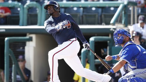 Adonis Garcia of the Braves singles in a run in the fourth inning during the spring training game at Champion Stadium on February 25, 2017 in Lake Buena Vista, Florida. The Braves defeated the Blue Jays 7-4. (Photo by Joe Robbins/Getty Images)