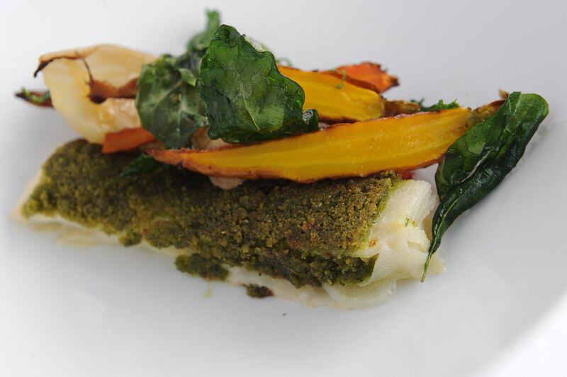 Herb Crusted Gratin with roasted baby carrots, glazed beets, crisp kale, clay pot fennel. (Beckysteinphotography.com)