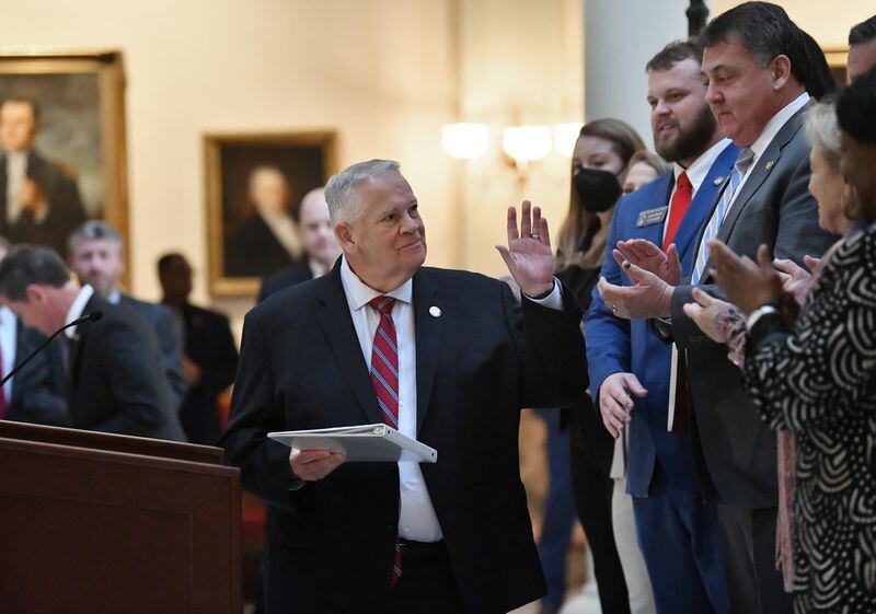 House Speaker David Ralston greets as he walks to the podium to speak during a press conference Tuesday to announce plans to spend millions of dollars on expanding internet throughout Georgia, especially in rural areas that lack access. (Hyosub Shin / Hyosub.Shin@ajc.com)