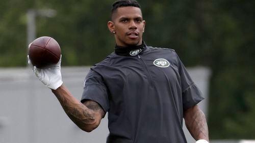 New York Jets wide receiver Terrelle Pryor attends the team's NFL football organized training activities, Tuesday, June 5, 2018, in Florham Park, N.J. (AP Photo/Julio Cortez)