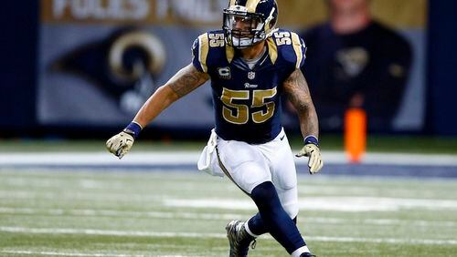 FILE - In this Sept. 27, 2015, file photo, St. Louis Rams linebacker James Laurinaitis follows the action during the second quarter of an NFL football game against the Pittsburgh Steelers in St. Louis. Laurinaitis says he chose as a free agent to play for New Orleans because he believes the combination of coach Sean Payton and quarterback Drew Brees always gives the Saints a chance to win. (AP Photo/Billy Hurst, File)