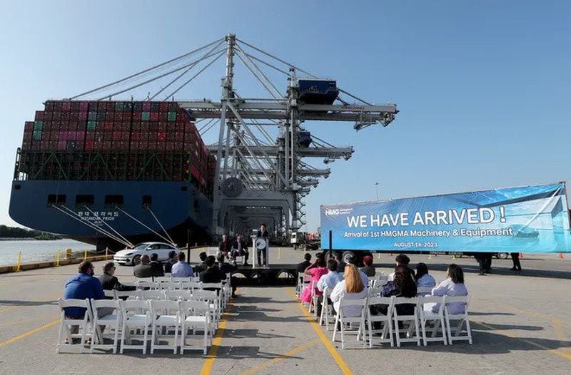 Oscar Kwon, president and CEO of Hyundai Motor Group Metaplant America, speaks Monday, August 14, 2023, during a special ceremony at the Georgia Ports to mark the arrival of the first shipment of equipment for the Hyundai Metaplant near Savannah. (Richard Burkhart/Savannah Morning News)
