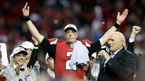 Matt Ryan of the Atlanta Falcons celebrates after defeating the Green Bay Packers in the NFC championship game at the Georgia Dome on January 22, 2017 in Atlanta, Georgia. The Falcons defeated the Packers 44-21. (Photo by Rob Carr/Getty Images)
