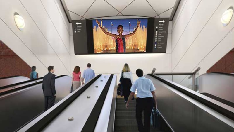 Rendering of digital screen to be installed at top of escalators