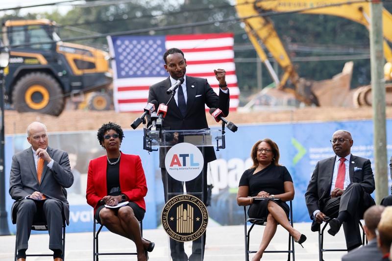 HUD Deputy Secretary Adrianne Todman, joins dignitaries Tuesday at the groundbreaking ceremony for Ashley Scholars Landing II, where Mayor Andre Dickens spoke. Sitting with her are (L-R) ) Georgia Development of Community Affairs Commissioner Christopher Nunn, Integral's President of Real Estate Vicki Lundy Wilbon, Todman and Atlanta Housing President and CEO Eugene Jones Jr.This development will comprise 212 mixed-income housing units. The funding for the Scholars Landing complex comes from a combination of state, city, private, and federal sources.
Miguel Martinez /miguel.martinezjimenez@ajc.com