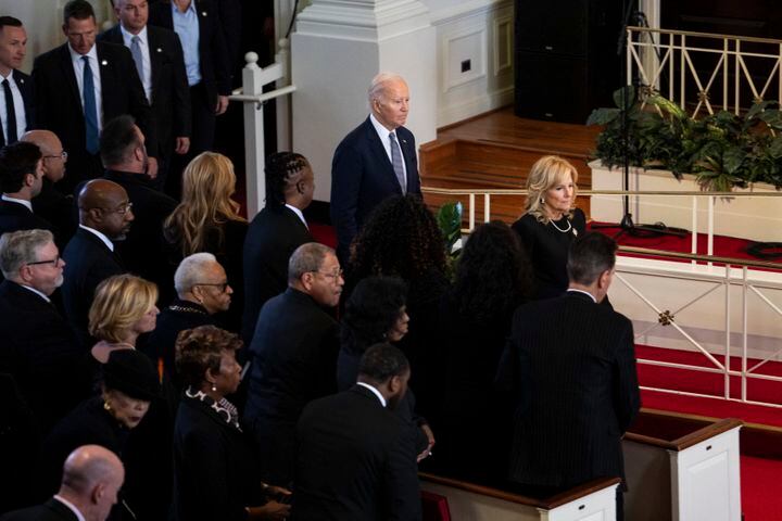 President Joe Biden and first lady Jill Biden arrive to attend the memorial service for former first lady Rosalynn Carter at Glenn Memorial Church in Atlanta, Nov. 28, 2023. (Erin Schaff/The New York Times)