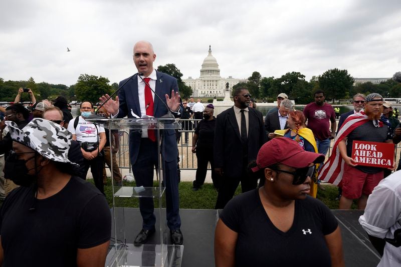 A staffer for former President Donald Trump, Matt Braynard, speaks during the Justice for J6 rally in support of defendants being prosecuted in the January 6 attack on Capitol Hill in Washington, D.C., on Saturday, Sept. 18, 2021. (Yuri Gripas/Abaca Press/TNS)
