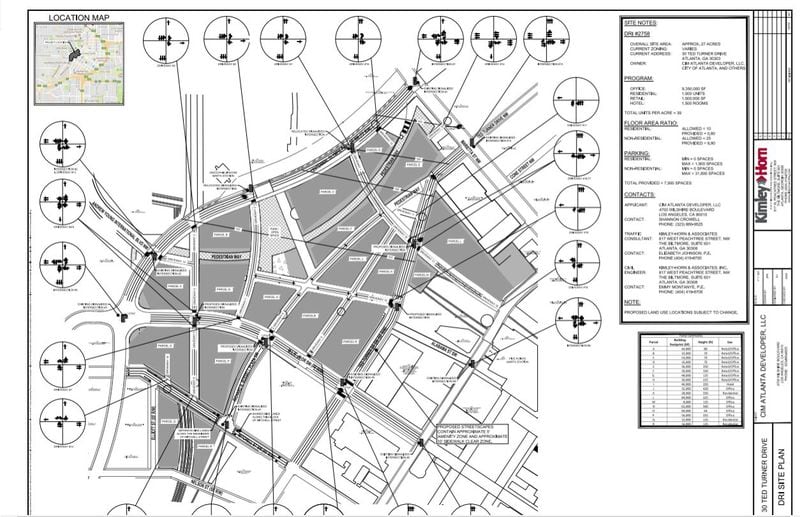 This schematic by Kimley-Horn shows a new grid of streets, refereed to as driveways, that would provide connectivity within the project site. CIM Group plans to carve a vast swath of the Gulch into 18 parcels, including at least nine skyscrapers of 225-feet or more. The project will rely heavily on existing MARTA rail and bus transit. It includes new sidewalks, traffic signals and entrances to two MARTA stations, but it does not detail signficant new transportation improvements beyond the project’s borders. Site map by Kimley-Horn