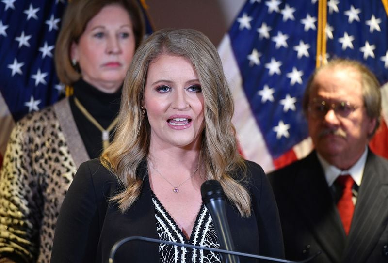 Attorney Jenna Ellis speaking during a press conference at the Republican National Committee headquarters in Washington, D.C., on Nov. 19, 2020. Ellis, a former member of former President Donald Trump's legal team, was one of 19 people charged in a Georgia racketeering indictment. (Mandel Ngan/AFP/Getty Images/TNS)
