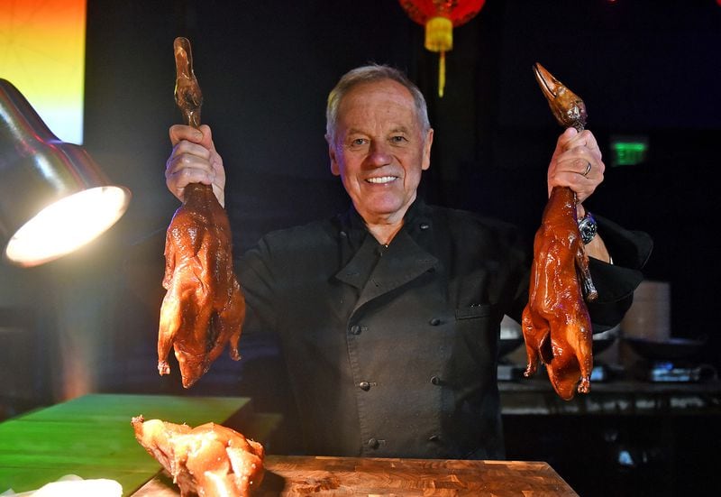 Wolfgang Puck prepares duck for the Super Bowl 53 Host Committee Party.