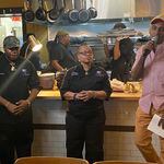 Chef Marcus Samuelsson speaks at the Open Kitchen pop-up at Marcus Bar & Grille on Feb. 21, 2024, which spotlighted food from My Three Sons, a Black-owned restaurant in North Charleston, South Carolina. / Courtesy of Ligaya Figueras